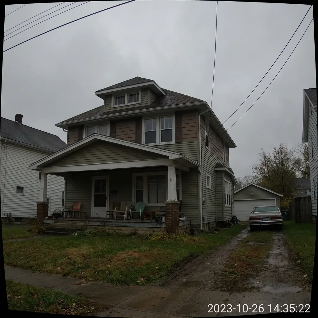 Before: Residential property original drone photo - flat sky, muted colors